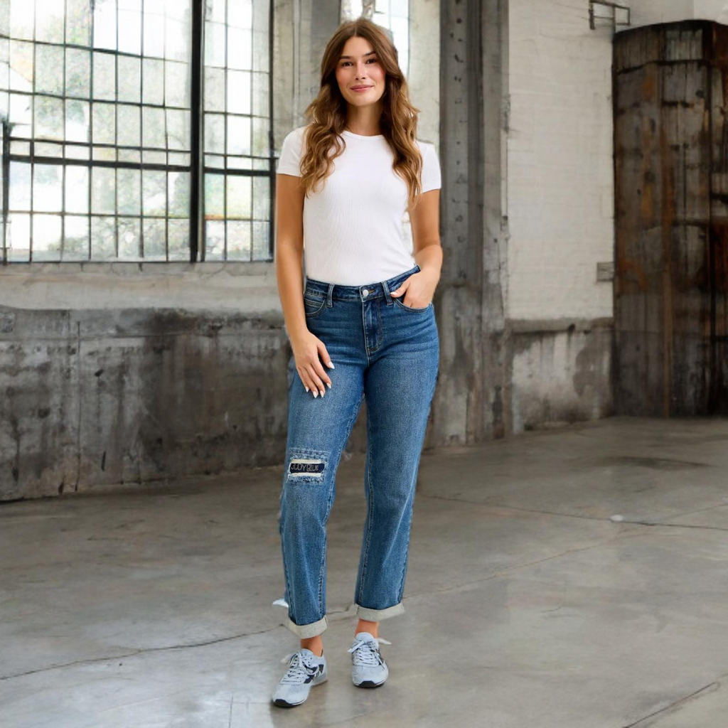 Judy Blue Mid Rise Embroidered Repair Patch Vintage Boyfriend Denim Jeans 881071