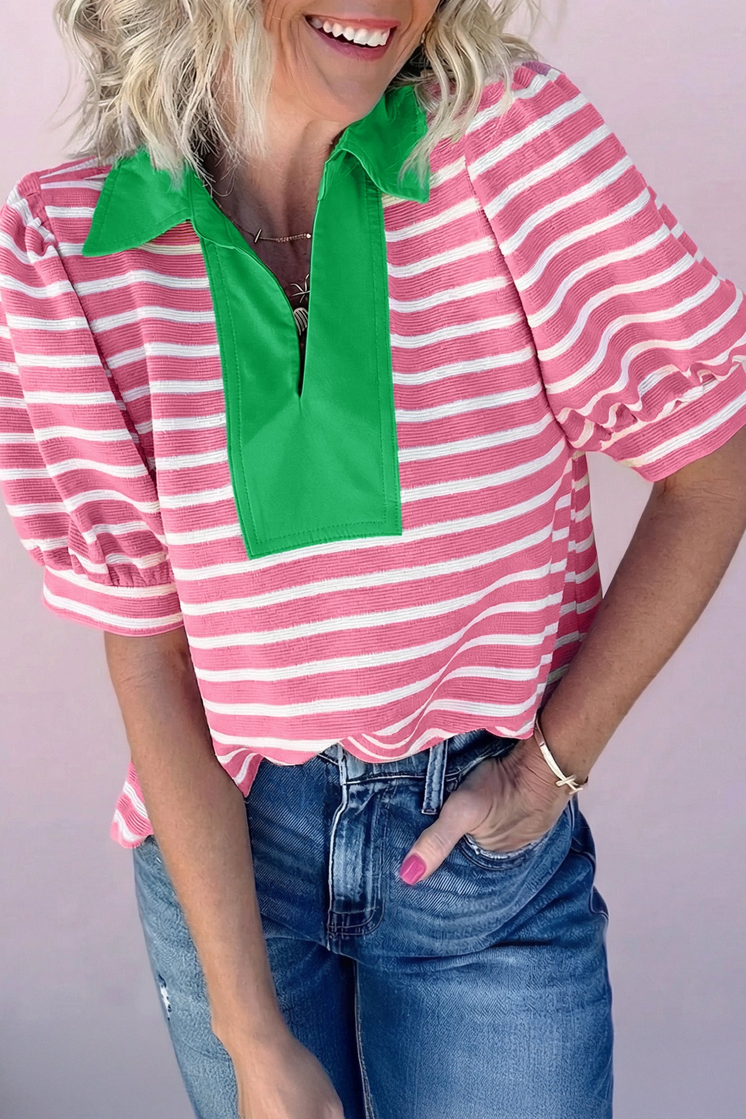 Black Stripe Short Puff Sleeve Color Block Polo Collar Blouse Pink Stripe 55%Regenerated Polyester+40%Cotton+5%Elastane