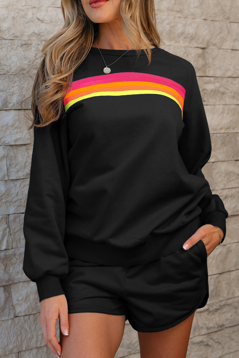 Beau Blue Accent Pullover and Shorts Two Piece Casual Set Black 50%Polyester+50%Cotton