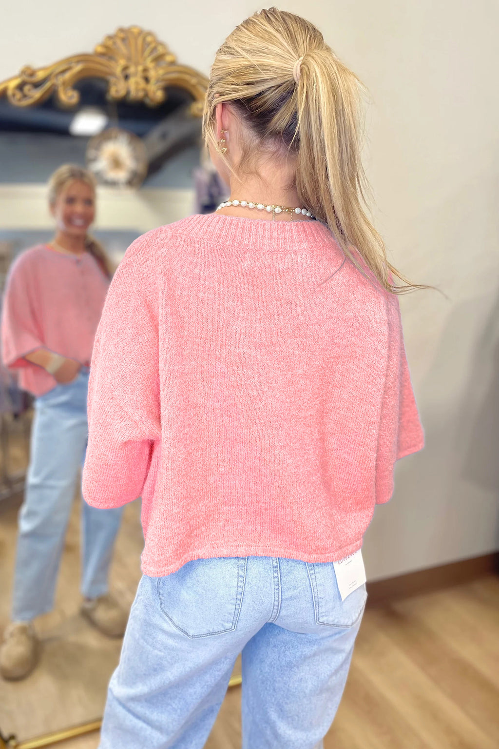 Beau Blue 3/4 Sleeve Boxy Knit Button Down Sweater Cardigan