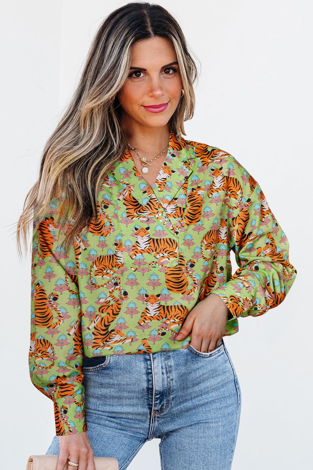 Green Tiger Floral Printed Collared V Neck Casual Shirt Green 100%Polyester