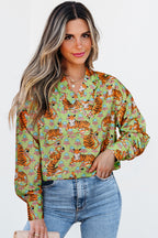 Green Tiger Floral Printed Collared V Neck Casual Shirt Green 100%Polyester