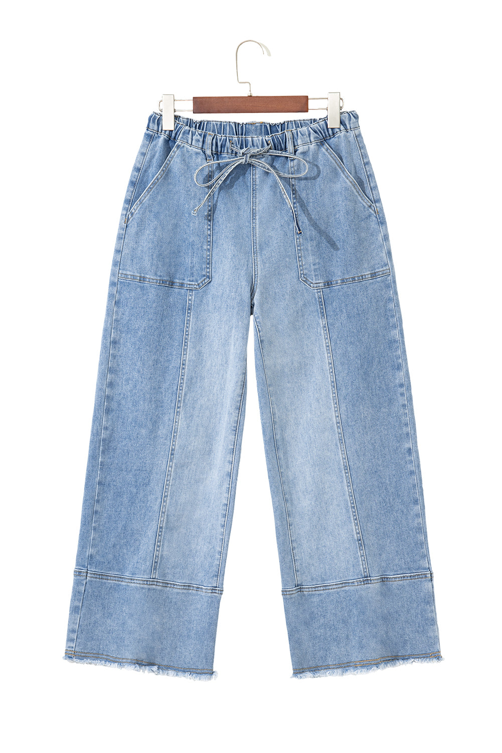 Gray Drawstring Seam Detail Raw Hem Wide Leg Jeans