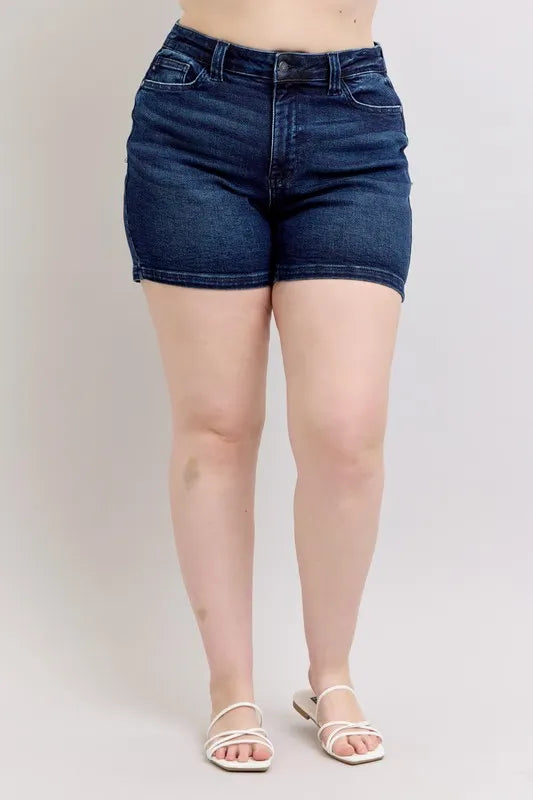 Judy Blue High Waist Back Flap Pocket Dark Wash Denim Shorts