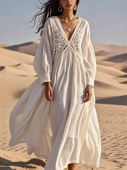 Crochet Trimmed V-Neck Midi Dress White