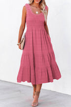Apricot Shirred Pleated Square Neck Sleeveless Midi Dress