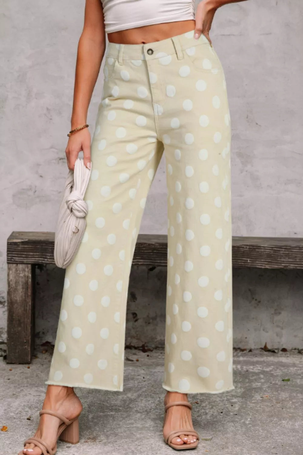 Polka Dot High-Waisted Wide Leg Jeans Ivory