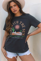 Dark Grey RISE WITH THE SUN Western Fashion Graphic Tee Dark Grey 95%Cotton+5%Elastane