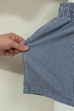 Sky Blue Stripe Drawstring Elastic Waist Casual Denim Shorts