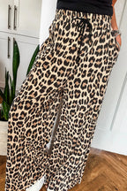 Parchment Leopard Drawstring Elastic Waistband Flowy Wide Leg Pants Parchment 100%Polyester