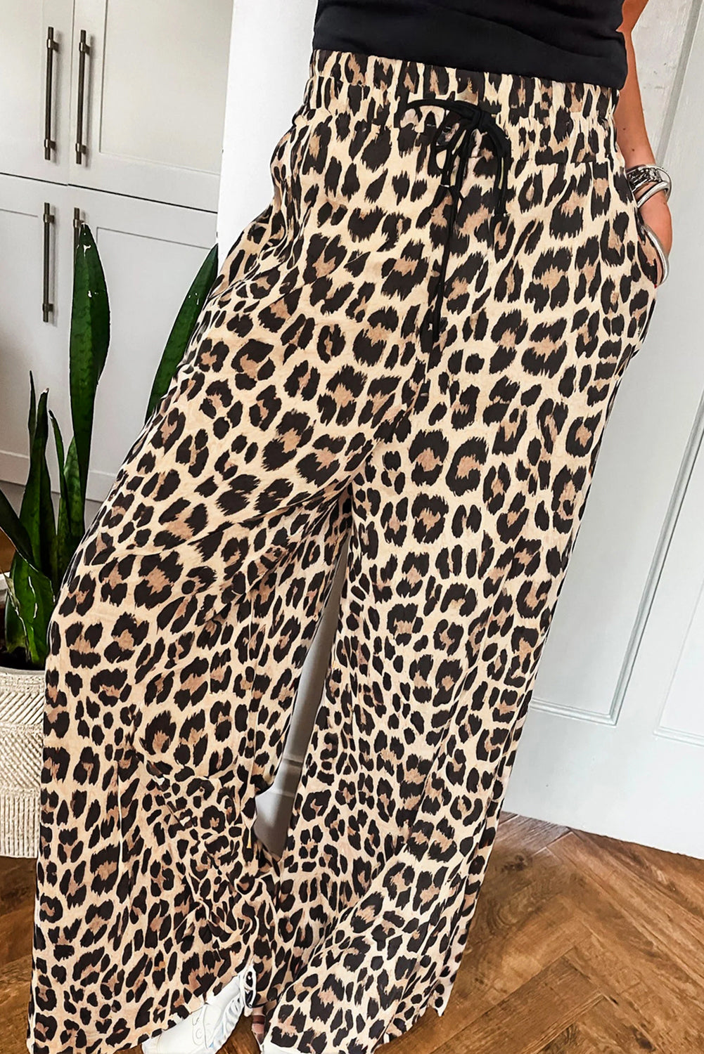 Parchment Leopard Drawstring Elastic Waistband Flowy Wide Leg Pants Parchment 100%Polyester