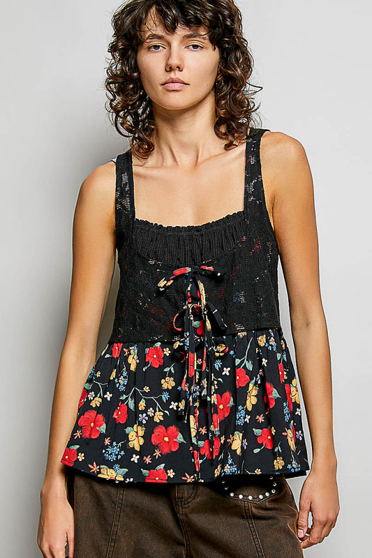 POL Ribbed Sleeveless Top with Lace Bust Floral Woven Patch BLACK