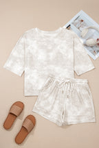 Beige Vintage Tie Dye Bracelet Sleeve Drawstring Elastic Waist 2pcs Short Set