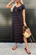 Black Stripe Casual Short Sleeve Side Slit Maxi T Shirt Dress Black Stripe 95%Cotton+5%Elastane
