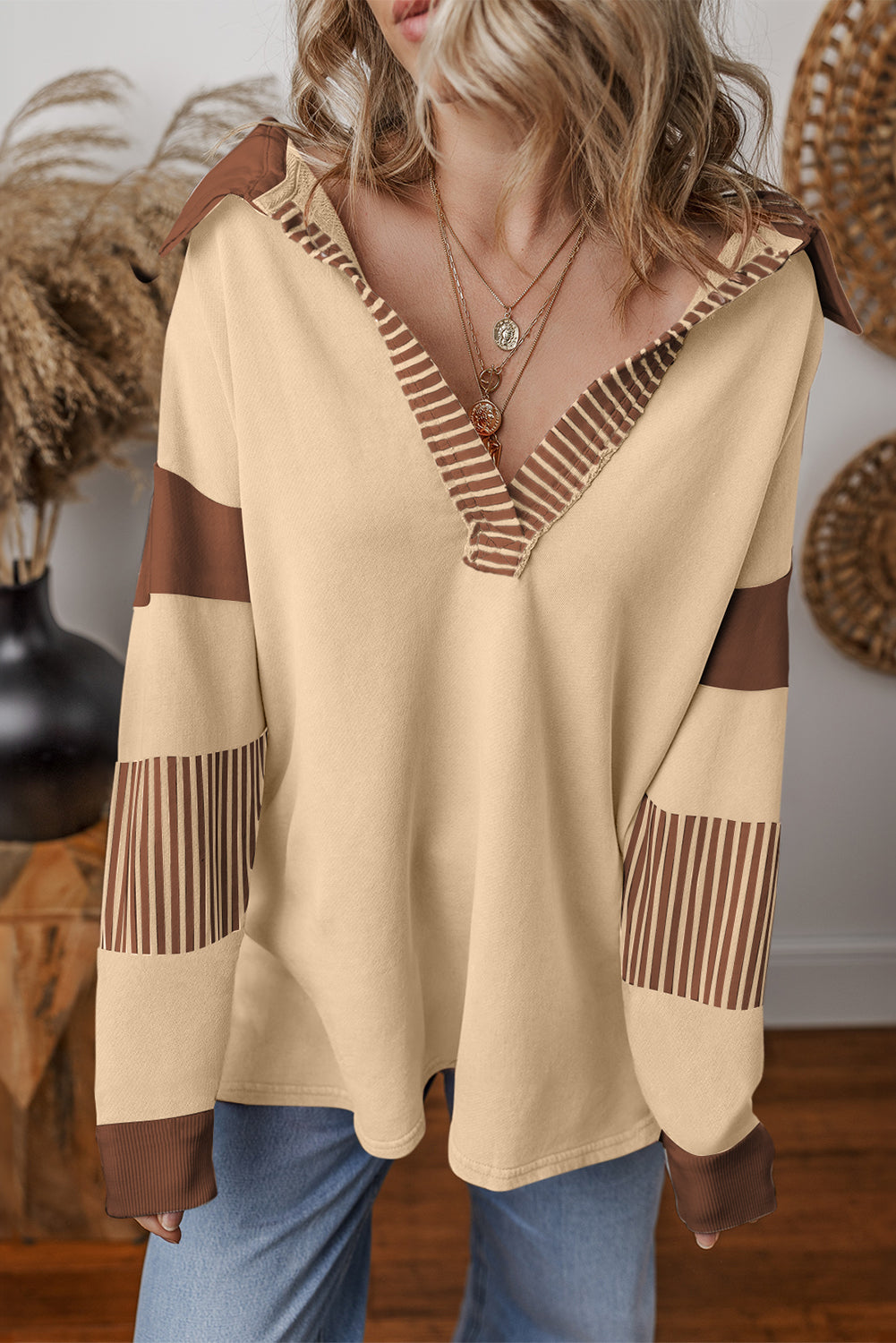 Black Striped Colorblock Patchwork Collar Sweatshirt Light French Beige 50%Polyester+50%Cotton