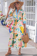 Multicolour Floral Doodle Print Striped Trim V Neck Midi Dress Multicolour 55%Cotton+45%Viscose