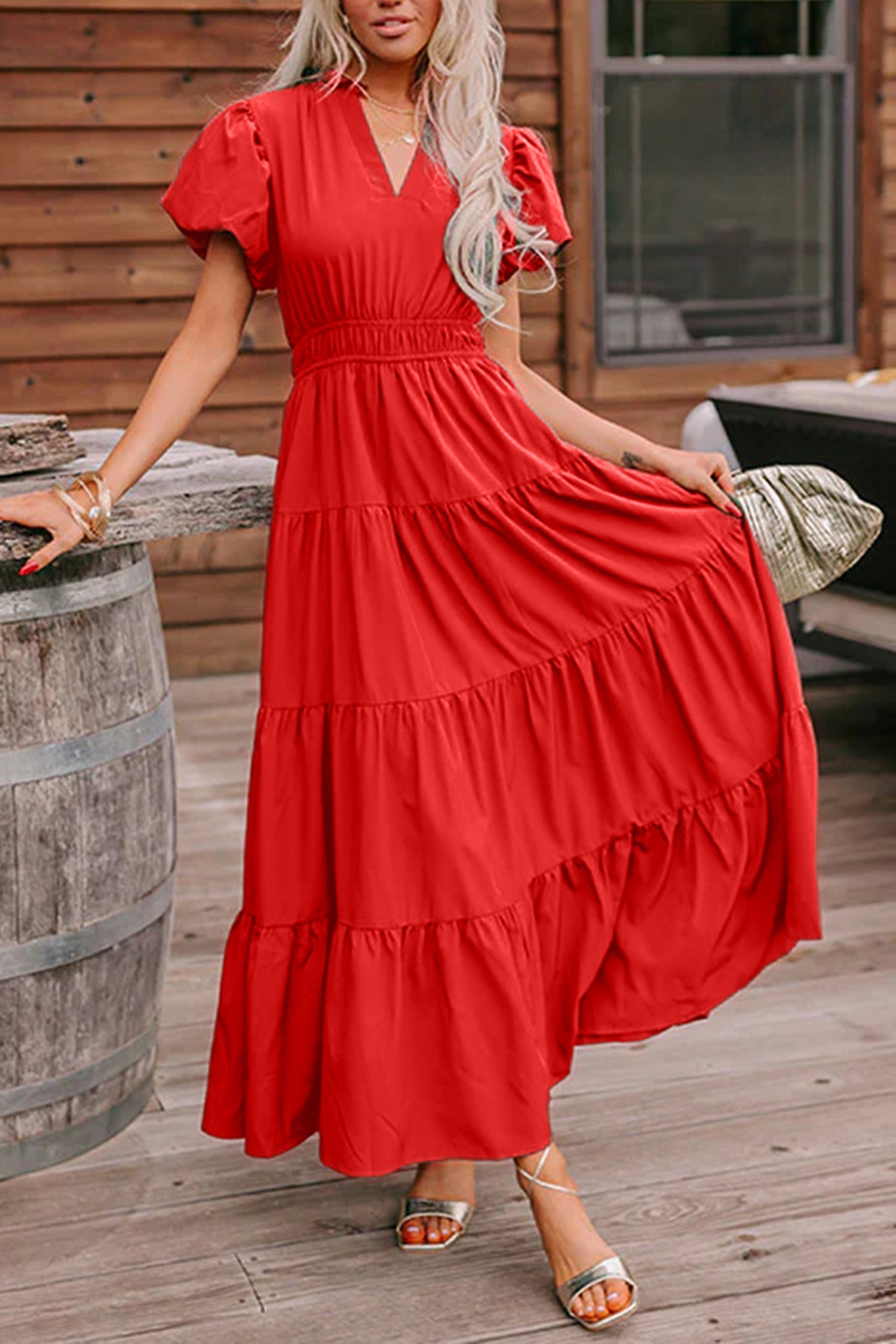 Gossamer Pink Solid Color V Neck Short Puff Sleeve High Waist Tiered Maxi Dress Coral 100%Polyester