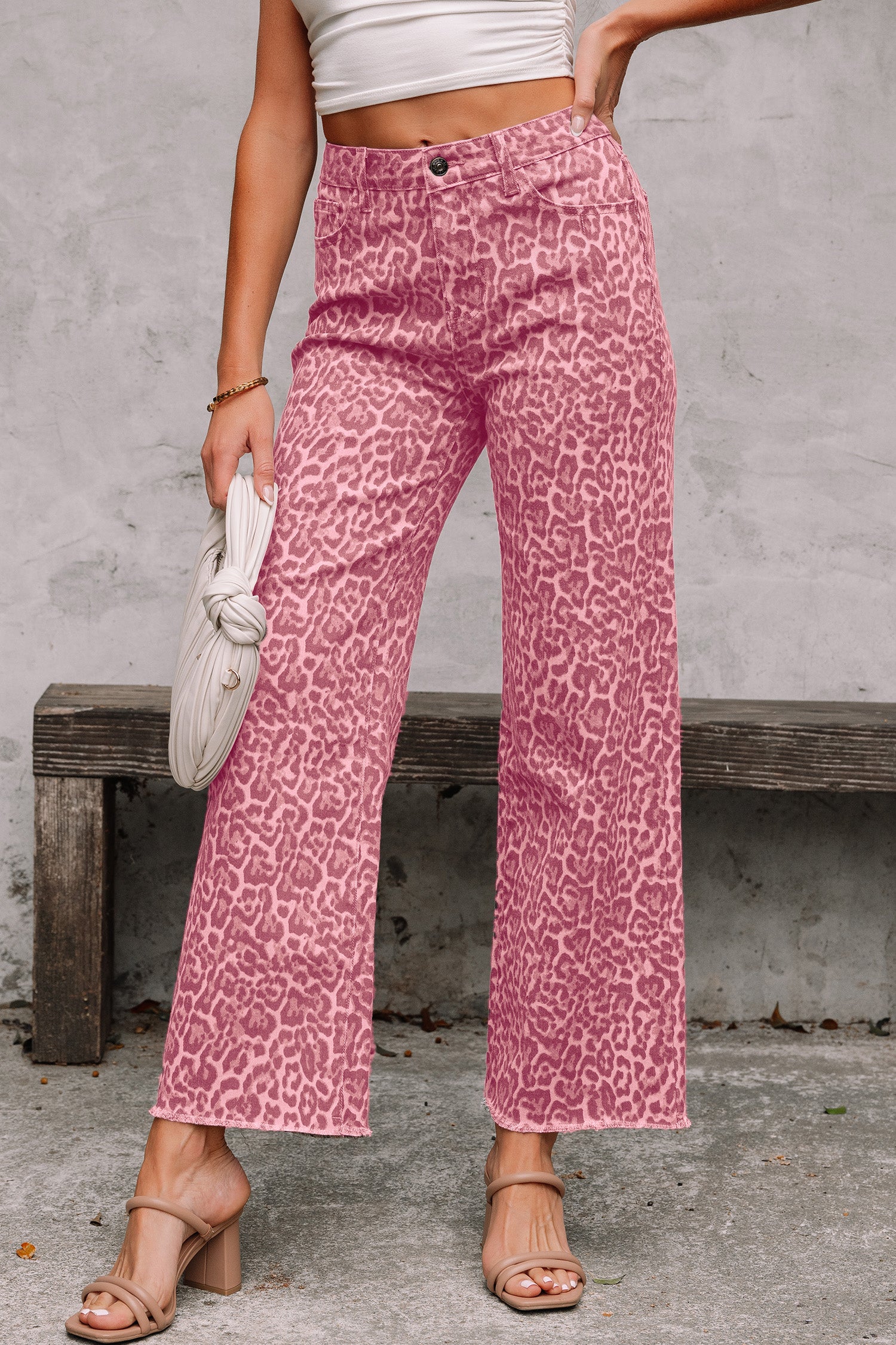 Brown Leopard Frayed Edge Wide Leg High Waist Jeans Rose 65%Cotton+33%Polyester+2%Elastane