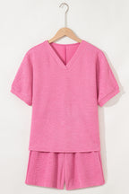 Orange Textured V Neck T Shirt and Shorts Set
