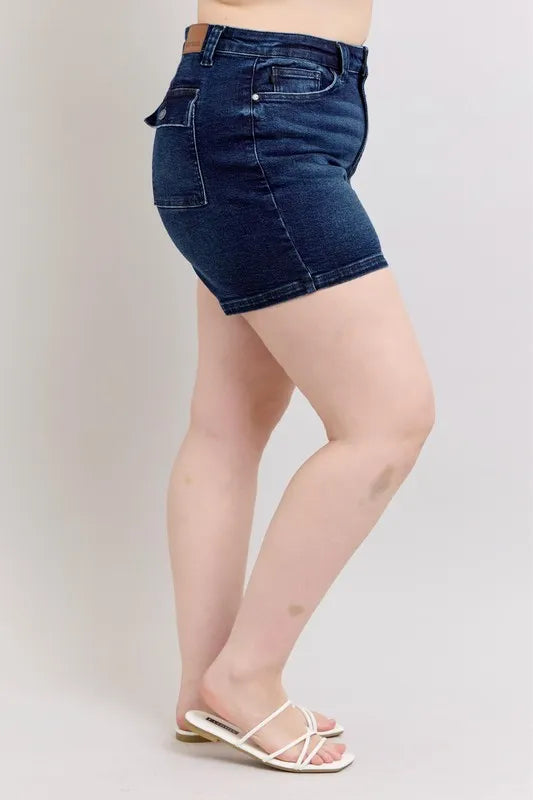 Judy Blue High Waist Back Flap Pocket Dark Wash Denim Shorts