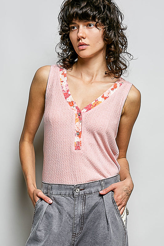 POL Ribbed V-Neck Tank with Contrast Floral Neckband ROSE PINK