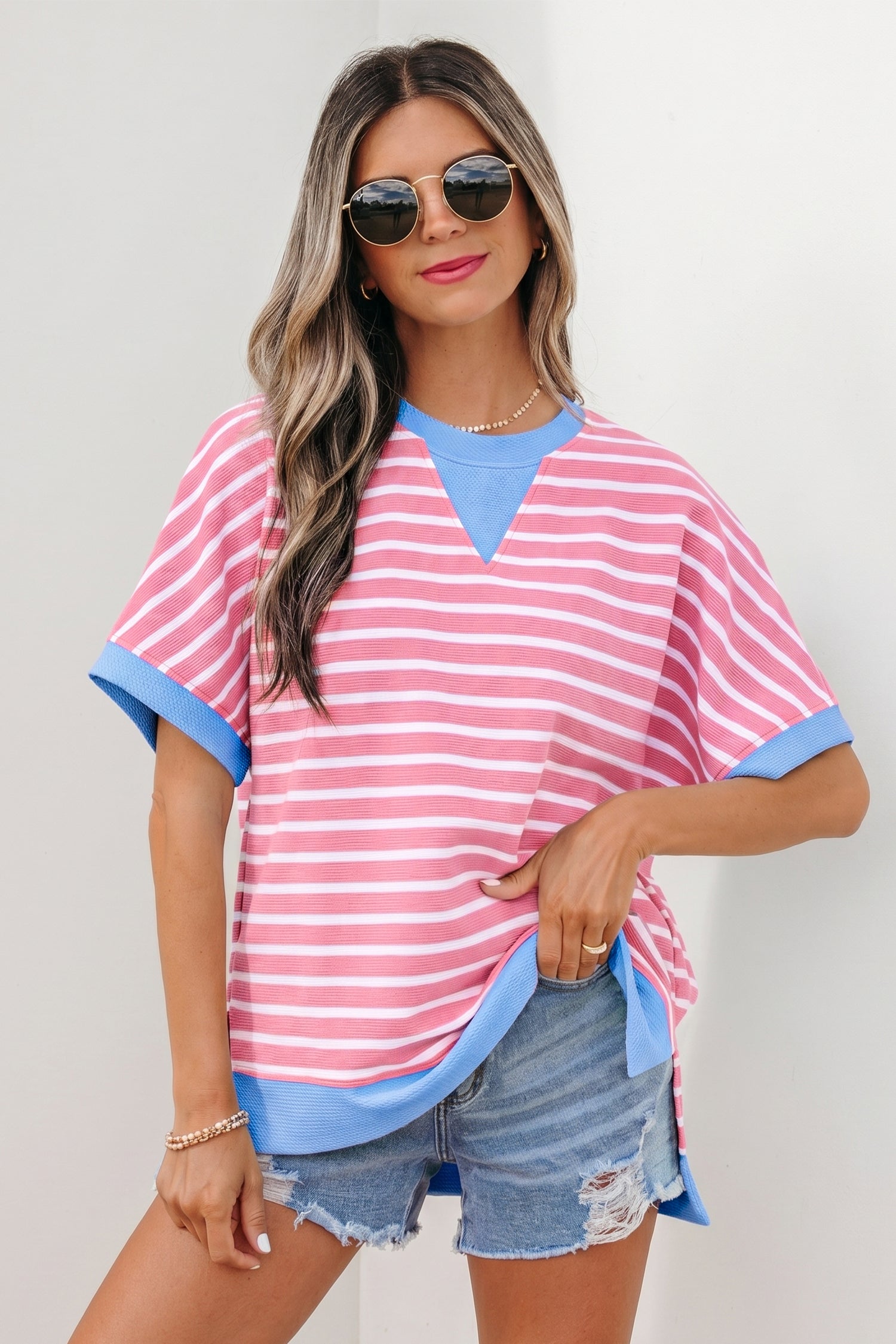 Sky Blue Stripe Contrast Trim Loose Short Sleeve Top Pink Stripe 55%Regenerated Polyester+40%Cotton+5%Elastane
