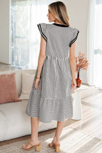 Black Stripe Double Ruffled Short Sleeve Contrast Trim V Neck Midi Dress