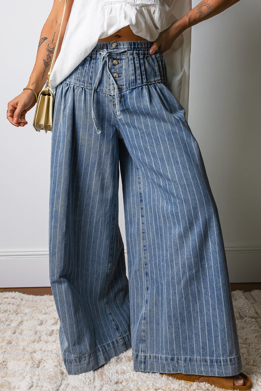 Sky Blue Stripe Button Pleated Drawstring Waist Casual Wide Leg Jeans Sky Blue Stripe 74.7%Cotton+16.5%Polyester+8.8%Regenrated Fibre