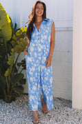 Myosotis Floral Print Half Button Wide Leg Relaxed Sleeveless Jumpsuit Myosotis 95%Polyester+5%Elastane