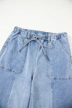 Gray Drawstring Seam Detail Raw Hem Wide Leg Jeans