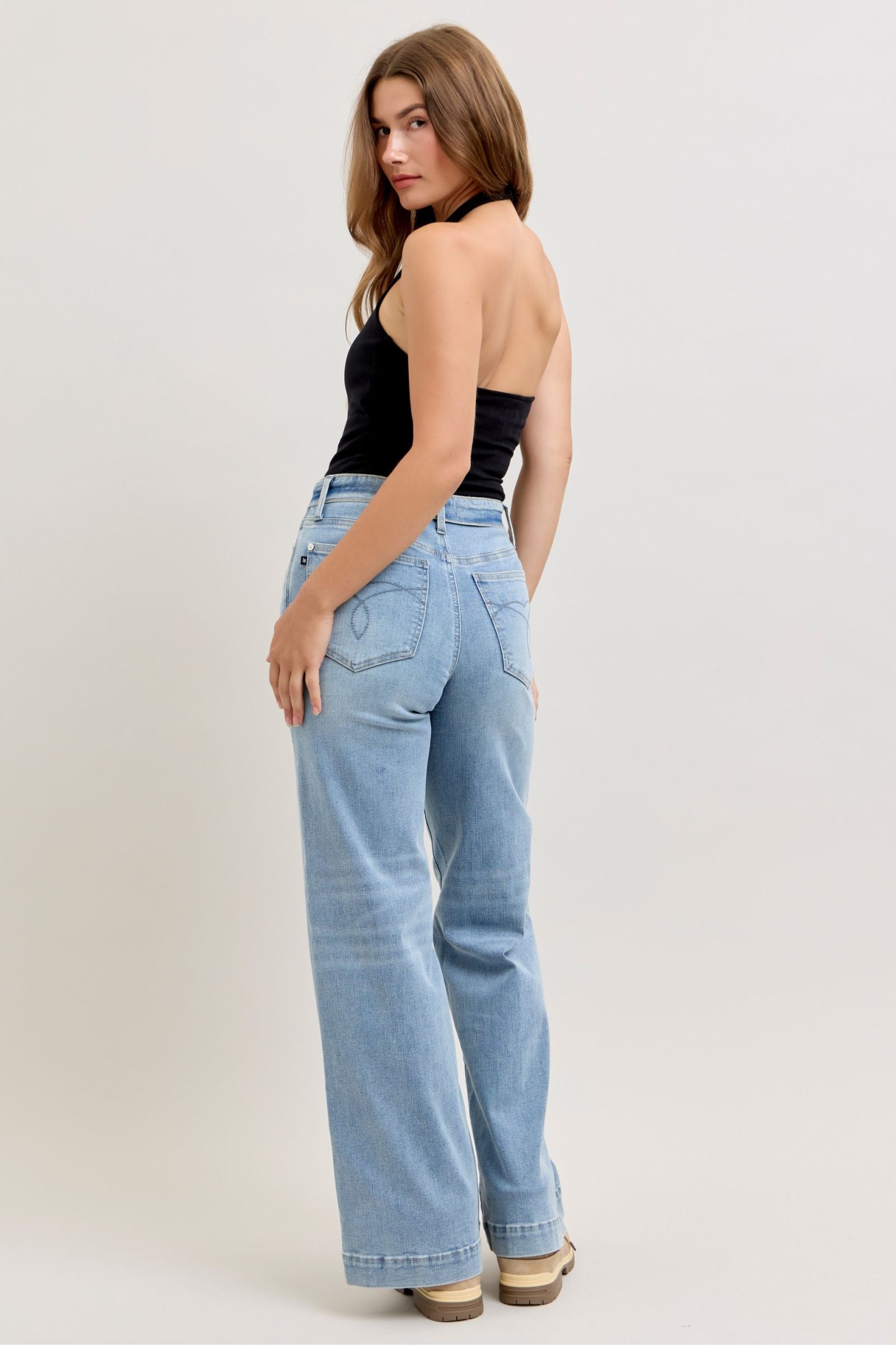 Judy Blue Mid Rise Retro Fold-over Waistband Wide Leg Denim Jeans 881104