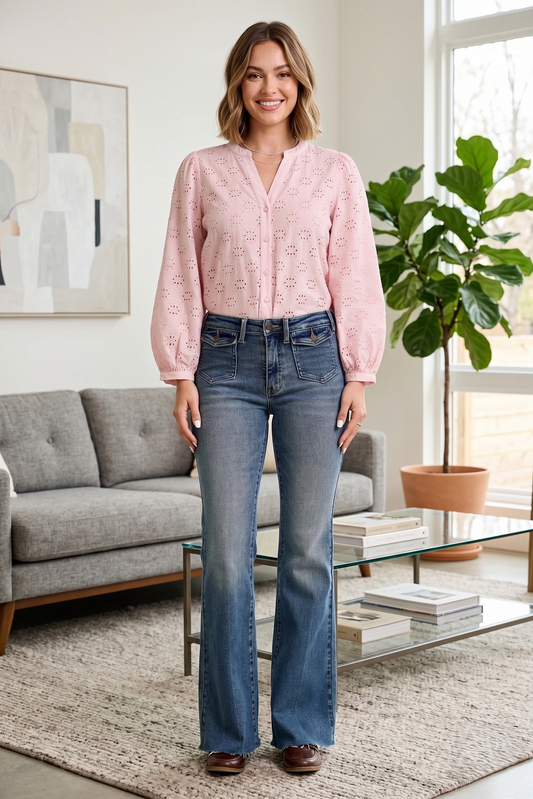 Judy Blue Mid Rise Flare Jeans with Front Flap Pockets 881113