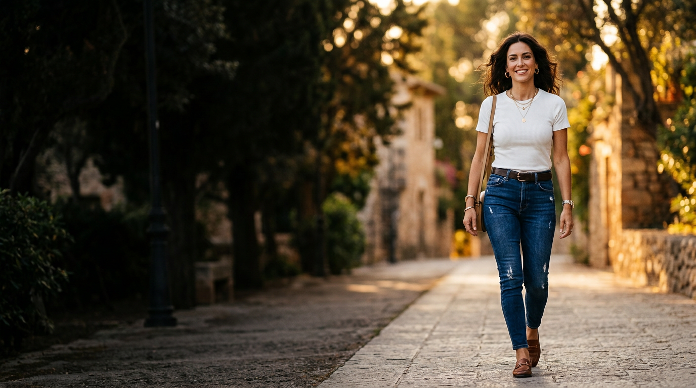 woman wearing jeans walking through woods
