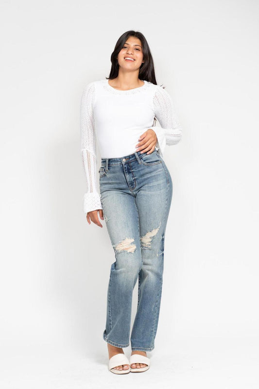 Judy Blue Jeans de mezclilla rectos de cintura alta con tinte y detalles rotos 82641