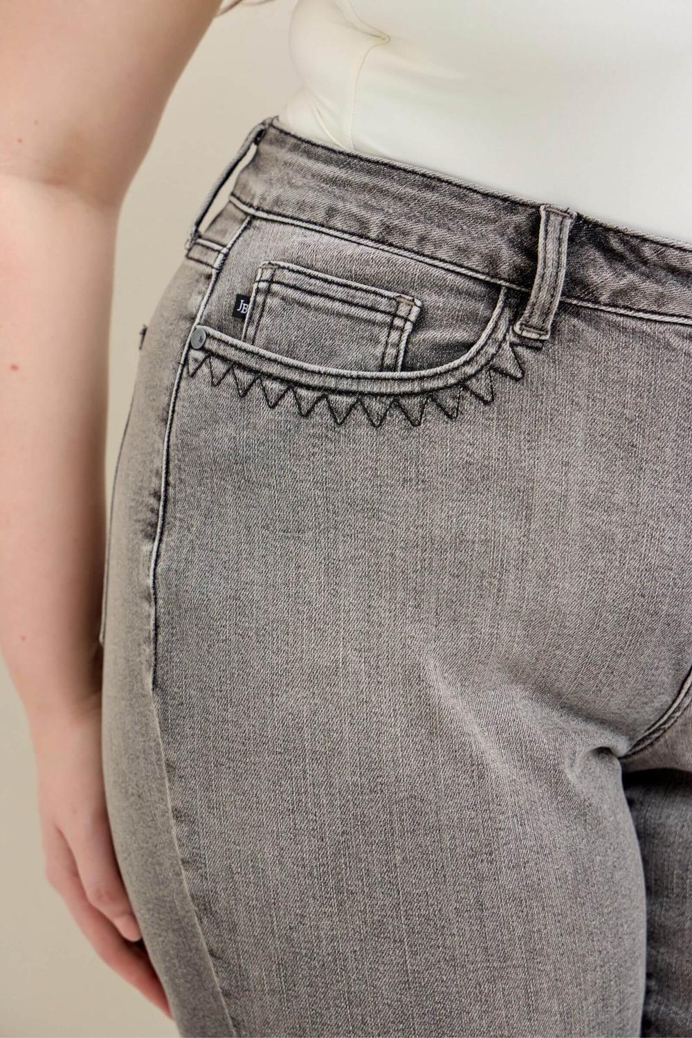 Judy Blue High Waist Vintage Grey Wash & Front Pocket Embroidery Crop Wide Leg Denim Jeans 88949