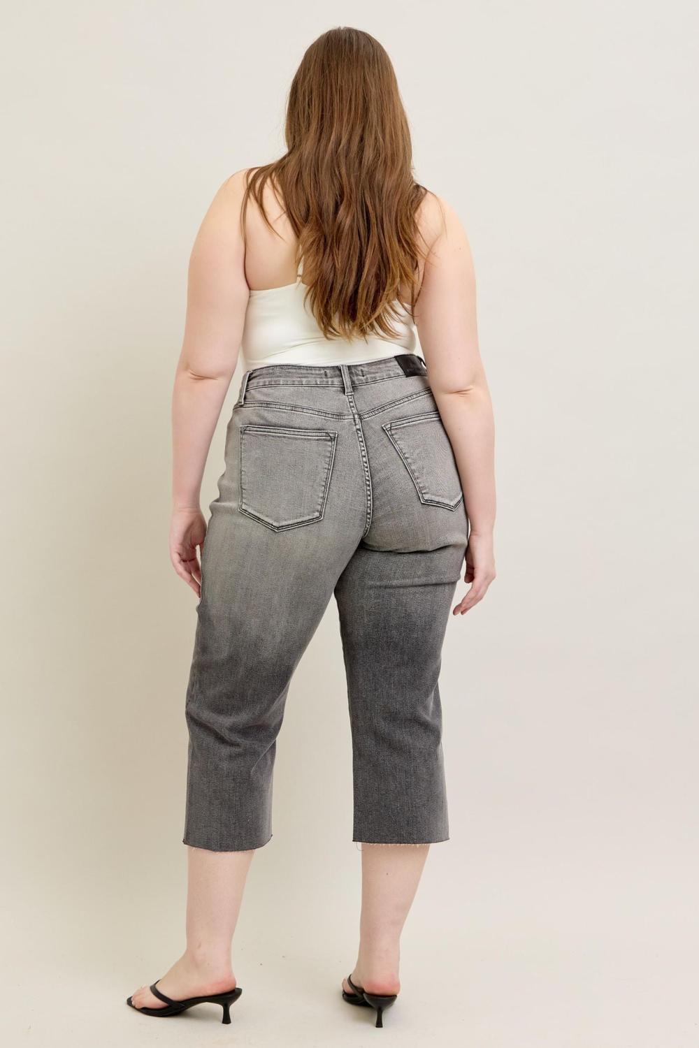Judy Blue High Waist Vintage Grey Wash & Front Pocket Embroidery Crop Wide Leg Denim Jeans 88949