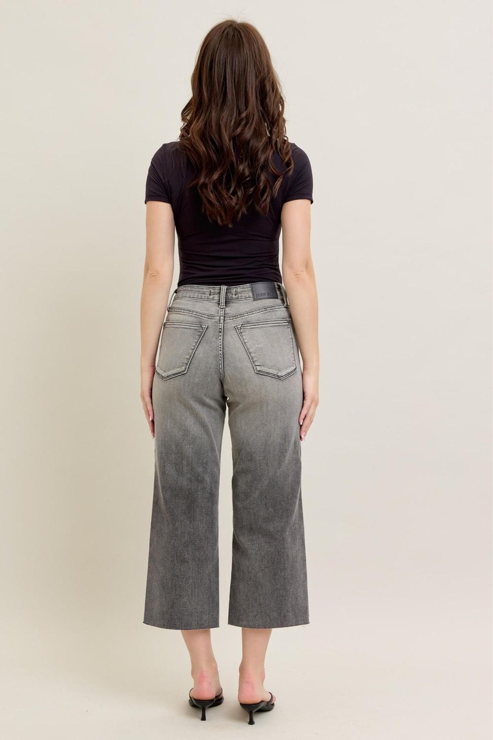 Judy Blue High Waist Vintage Grey Wash & Front Pocket Embroidery Crop Wide Leg Denim Jeans 88949