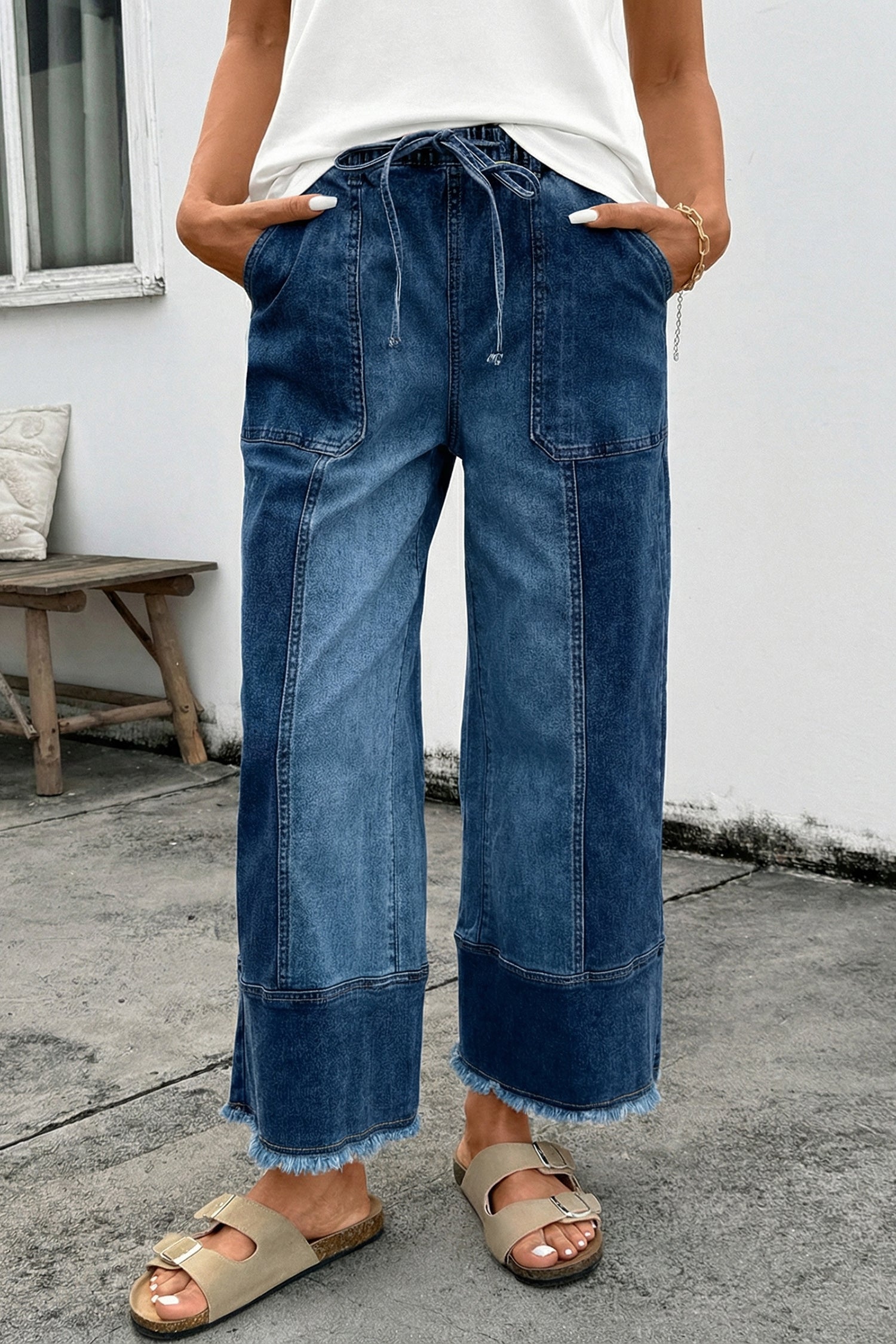 Beau Blue Drawstring Seam Detail Raw Hem Wide Leg Denim Pants Prussian Blue 75%Cotton+23%Polyester+2%Elastane