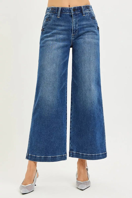 RISEN High Rise Wide Leg Jeans With Pocket Button Detail DARK