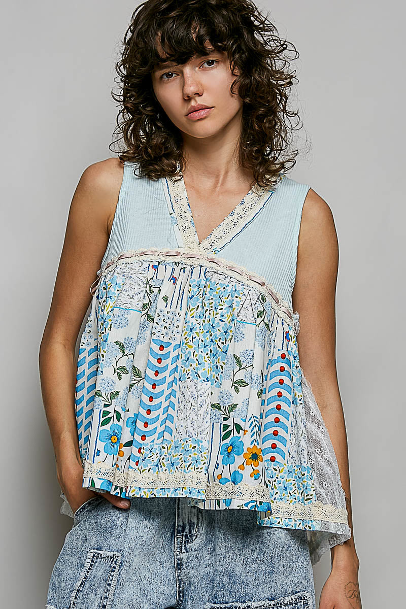POL Floral V-Neck Sheer Tank with Lace Trim SODA CANDY