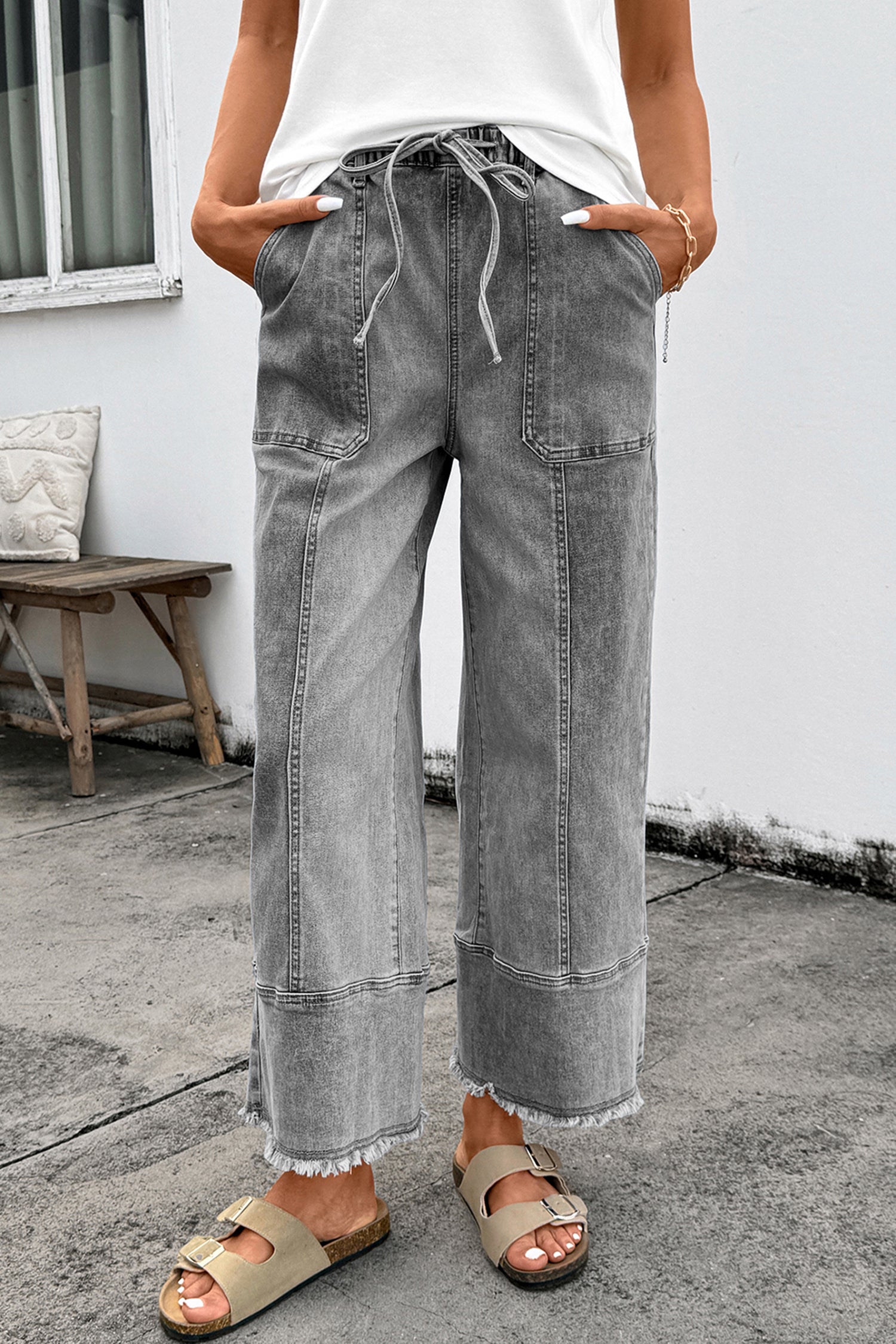 Beau Blue Drawstring Seam Detail Raw Hem Wide Leg Denim Pants Gray 75%Cotton+23%Polyester+2%Elastane