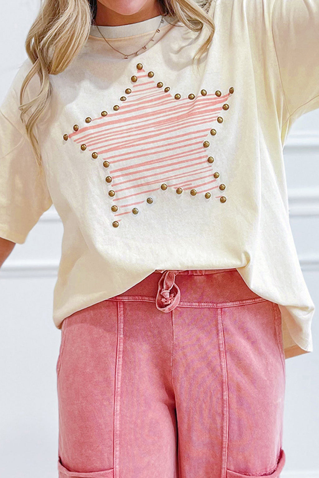 Beige Star Print Stud Detail Cotton Jersey Top Beige 100%Cotton