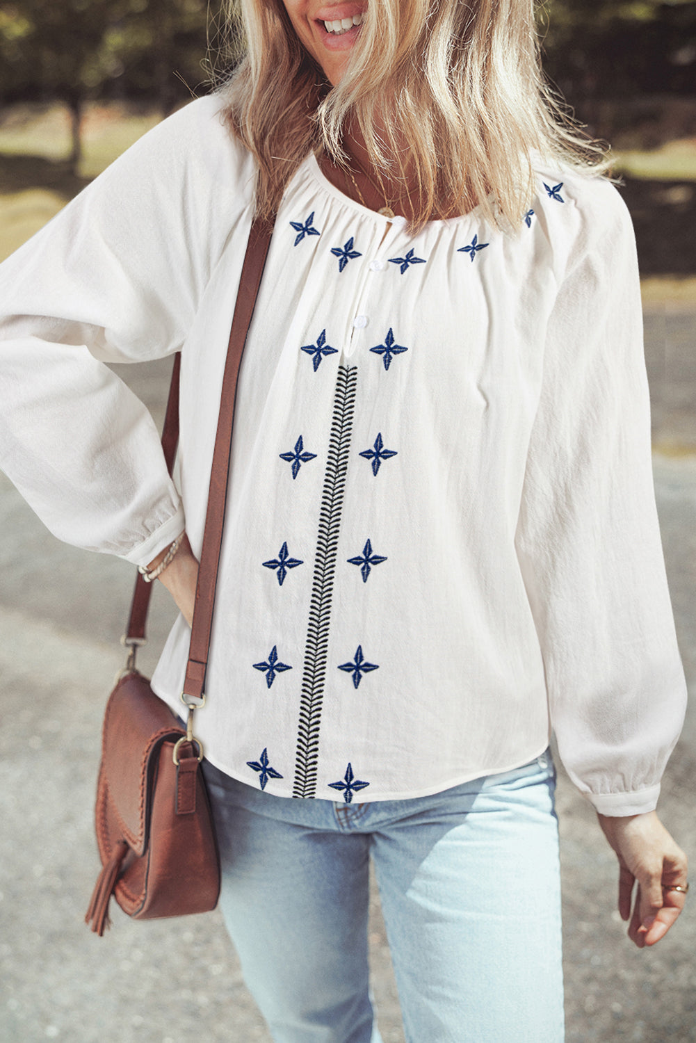 White Geometric Embroidered Long Sleeve Buttoned Blouse White 100%Cotton