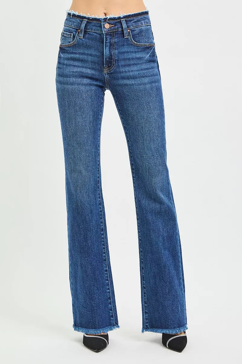 RISEN Mid Rise Bootcut Frayed Waistband Hem Detail Jeans DARK