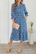 Sky Blue Floral Printed Frilled V Neck Bracelet Sleeve Long Dress