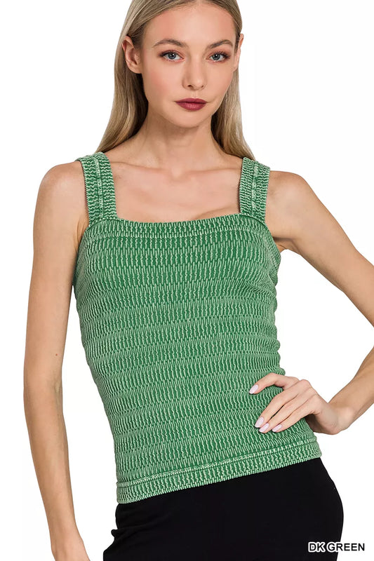 Zenana Seamless Winkle Stone Washed Tank Top DK GREEN