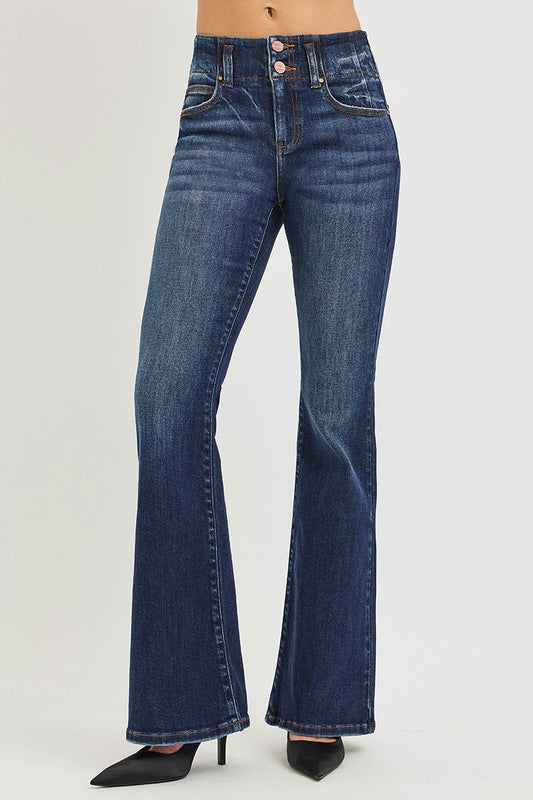 RISEN High Rise Flare Jeans With Seam Detail Waistband DARK