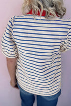 Black Stripe Short Puff Sleeve Color Block Polo Collar Blouse