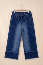 Gray Drawstring Seam Detail Raw Hem Wide Leg Jeans