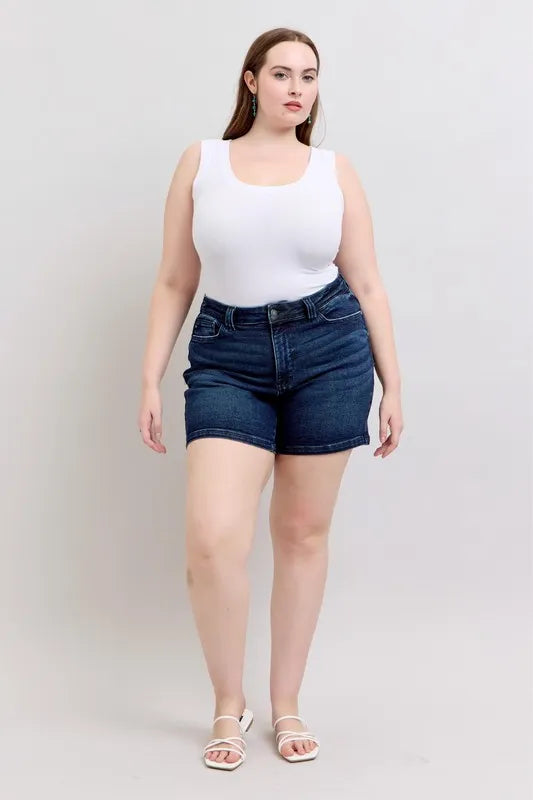 Judy Blue High Waist Back Flap Pocket Dark Wash Denim Shorts